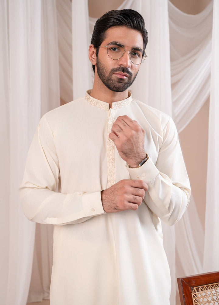 Muraqsh Ready To Wear Embroidered Bosky Men Formal Bosky White Kurta Shalwar Collar Neck MUR-FBWKS - Summer Collection