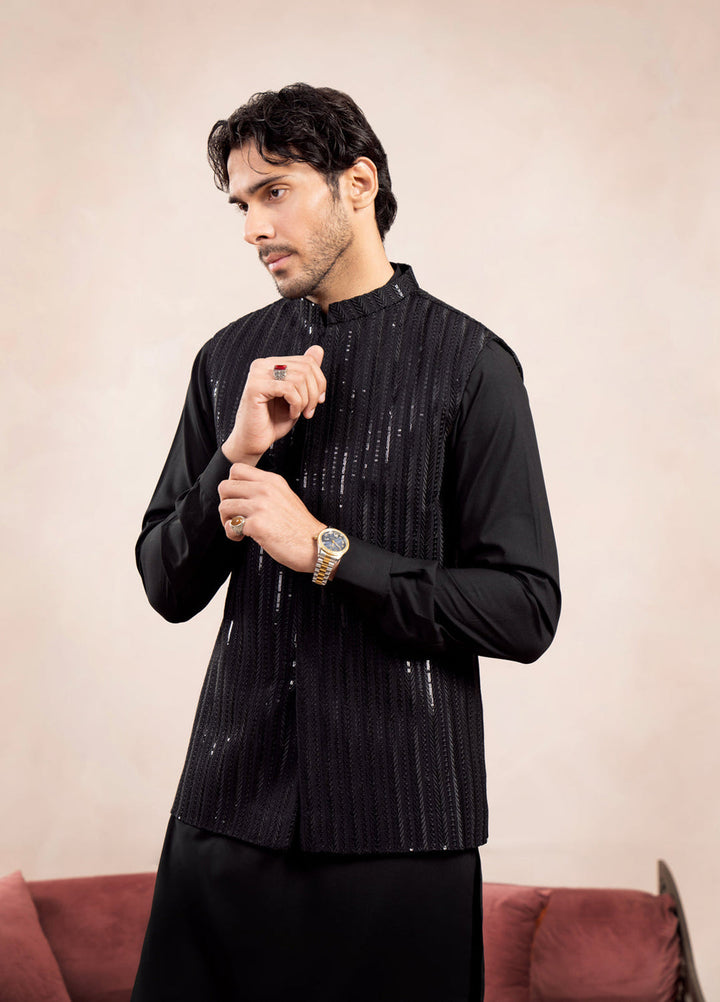 Muraqsh Ready To Wear Embroidered Cotton Men Black Falling Arrow Sequin Waistcoat MUR-BFASE - Summer Collection