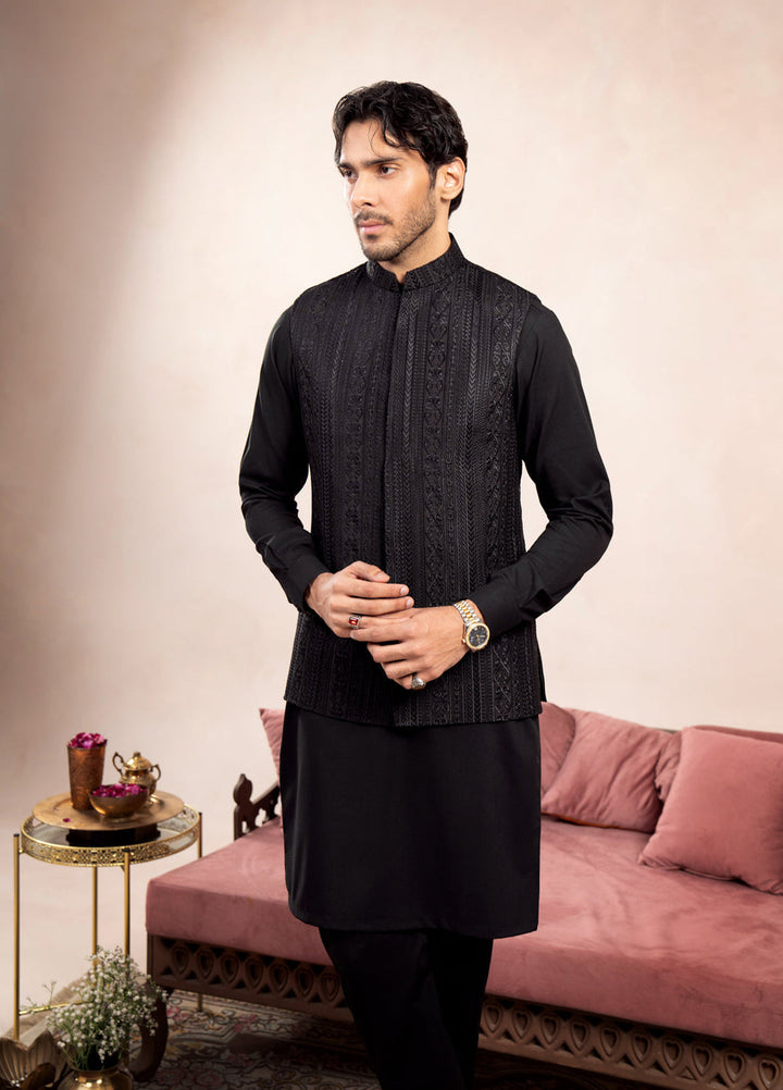 Muraqsh Ready To Wear Embroidered Cotton Men Black Kurta Trouser with Cross Stitched Waistcoat MUR-BKTWC - Summer Collection
