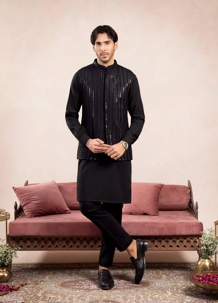 Muraqsh Ready To Wear Embroidered Cotton Men Black Kurta Trouser with Falling Arrow Waistcoat MUR-BKTWF - Summer Collection