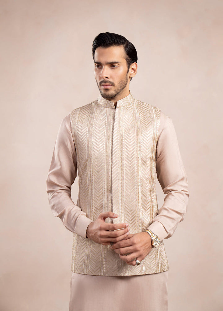 Muraqsh Ready To Wear Embroidered Cotton Men Coffee Beige Arrow Waistcoat MUR-CBAEW - Summer Collection