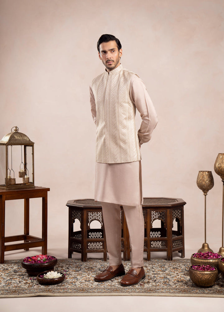Muraqsh Ready To Wear Embroidered Cotton Men Coffee Beige Kurta Trouser with Arrow Waistcoat  MUR-CBKTW - Summer Collection