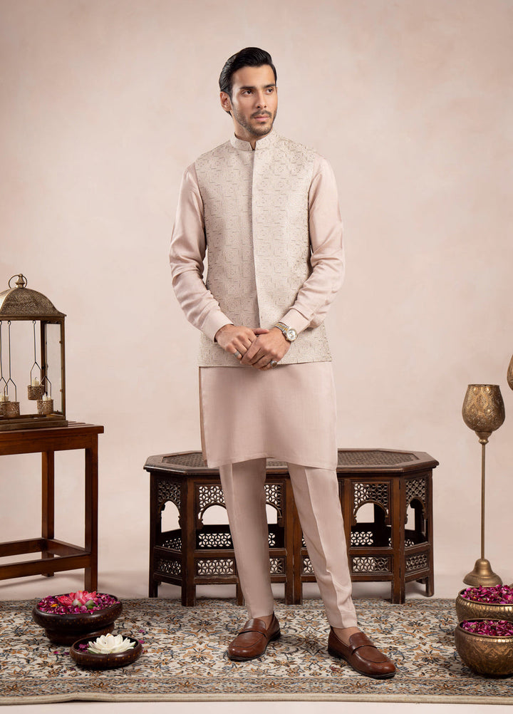 Muraqsh Ready To Wear Embroidered Cotton Men Coffee Beige Kurta Trouser with Square Waistcoat  MUR-CBKTW - Summer Collection