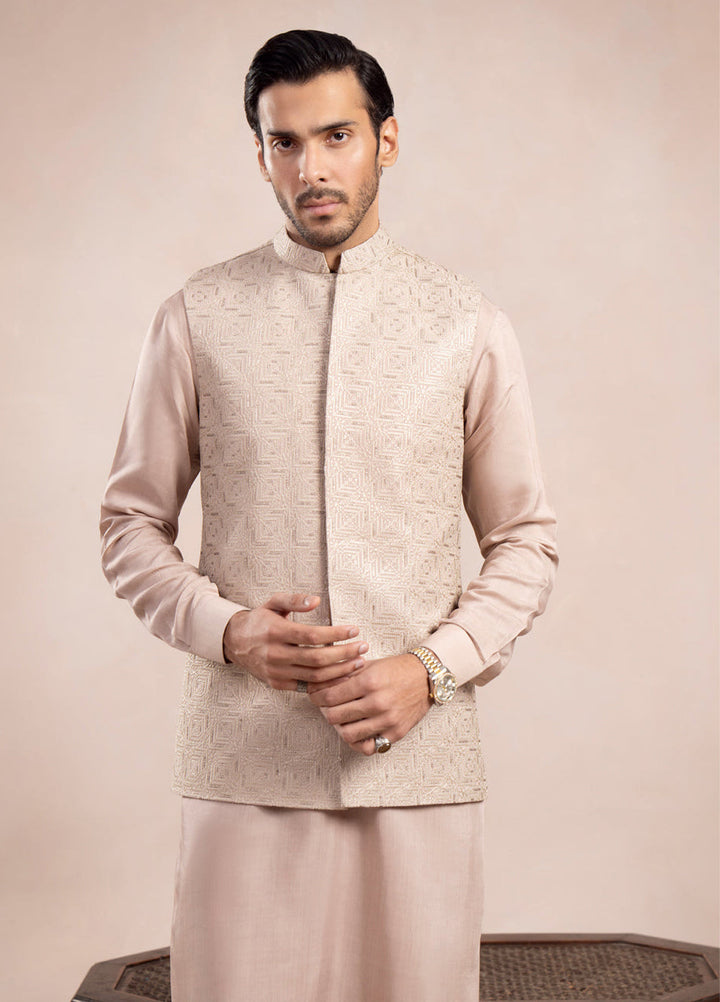 Muraqsh Ready To Wear Embroidered Cotton Men Coffee Beige Square Waistcoat MUR-CBSEW - Summer Collection