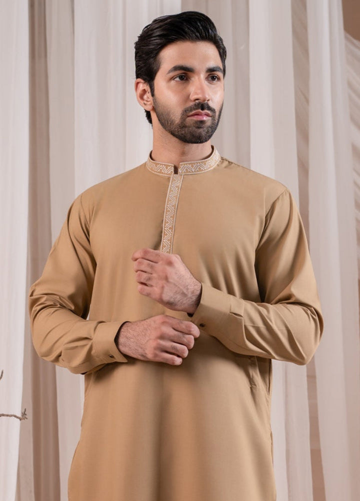 Muraqsh Ready To Wear Embroidered Cotton Men Formal Camel Kurta Shalwar Collar Neck MUR-FCKS - Summer Collection