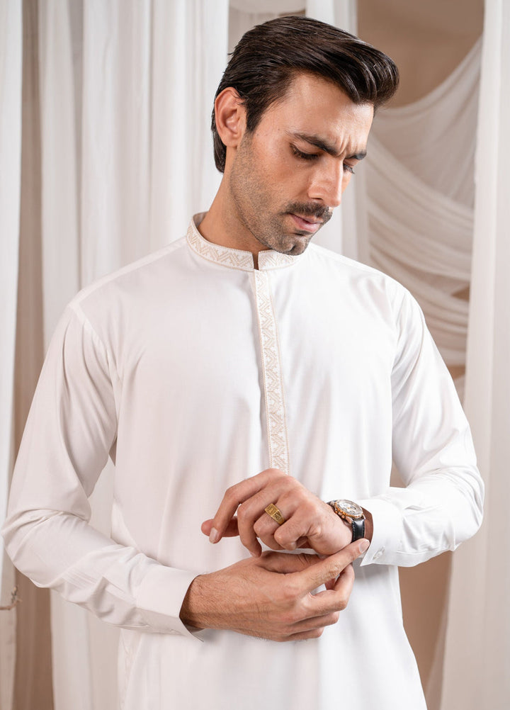 Muraqsh Ready To Wear Embroidered Cotton Men Formal Off White Kurta Shalwar Collar Neck MUR-FOWKS - Summer Collection