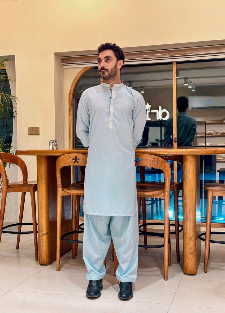 Muraqsh Ready To Wear Embroidered Cotton Men Formal Sky Blue Kurta Shalwar Collar Neck MUR-FSBKS - Summer Collection