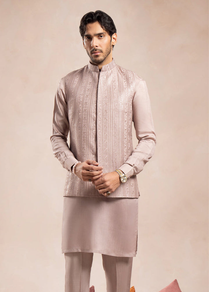 Muraqsh Ready To Wear Embroidered Cotton Men Pink Falling Embroidered Waistcoat MUR-PFEW - Summer Collection
