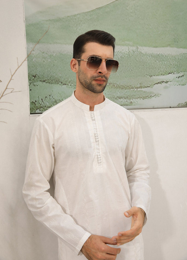 Muraqsh Ready To Wear Embroidered  Men Off White Cotton Embroidered Kurta Trouser Loop Buttons MUR-OWECK - Summer Collection
