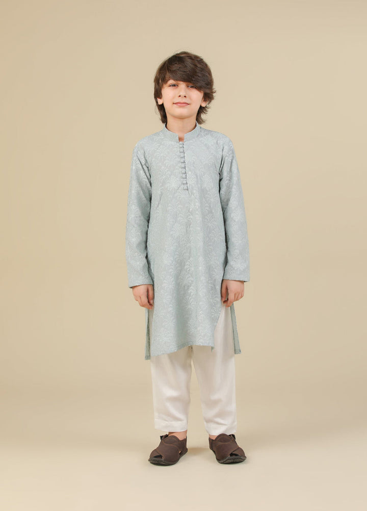 Muraqsh Ready To Wear Embroidered Silk Boys Abroo Ice Blue Kurta Trouser MUR-A-IBR - Winter Collection