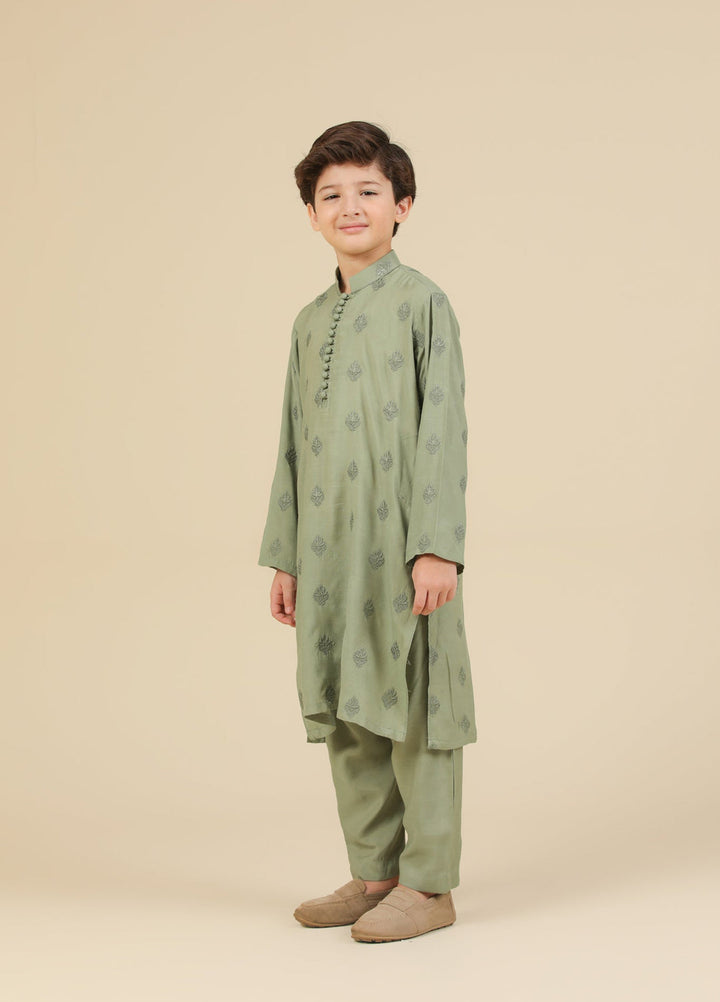 Muraqsh Ready To Wear Embroidered Silk Boys Bahaar Mint Kurta Trouser MUR-B-GRS - Summer Collection