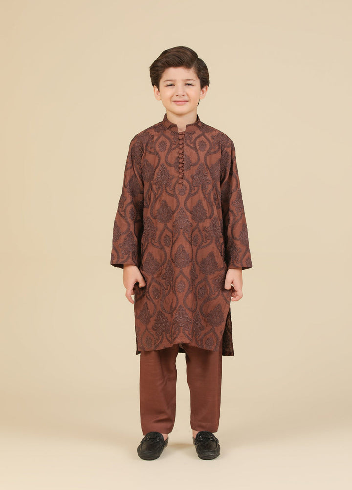 Muraqsh Ready To Wear Embroidered Silk Boys Faris Cocoa Brown Kurta Trouser MUR-F-CBR - Winter Collection
