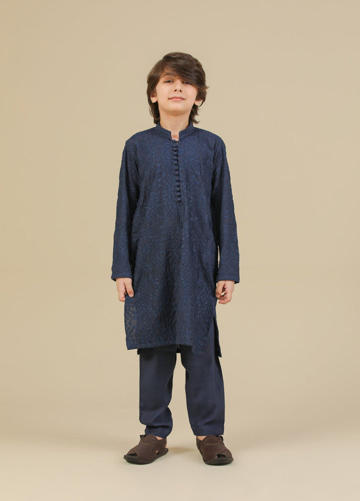 Muraqsh Ready To Wear Embroidered Silk Boys Feroz Dark Blue Kurta Trouser MUR-F-DBR - Winter Collection