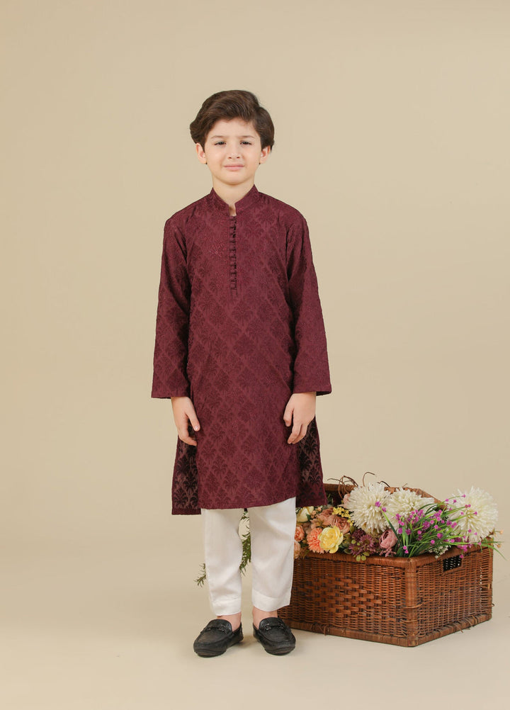 Muraqsh Ready To Wear Embroidered Silk Boys Miras Maroon Kurta Trouser MURRS - Winter Collection