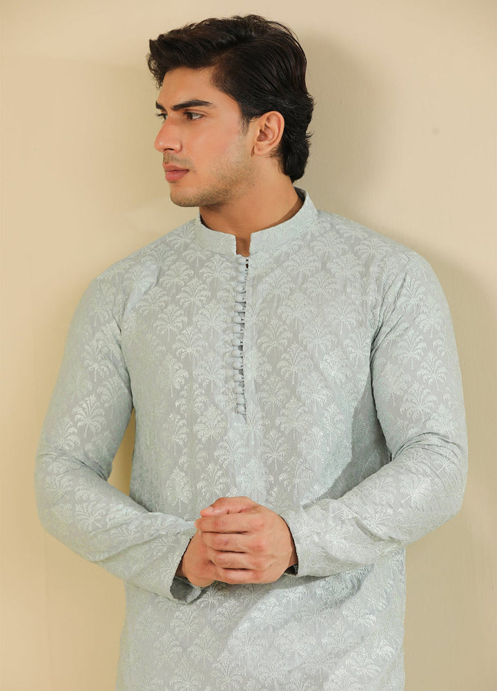 Muraqsh Ready To Wear Embroidered Silk Men Abroo Ice Blue Kurta Trouser MUR-A-IBR - Winter Collection