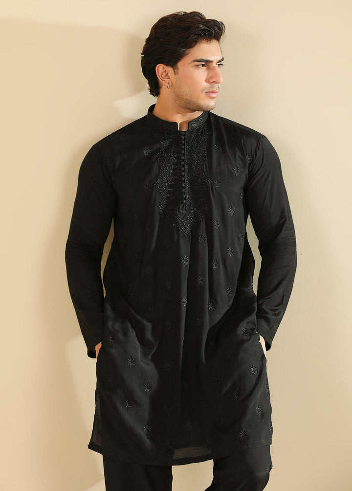 Muraqsh Ready To Wear Embroidered Silk Men Adab Black Motif Kurta Trouser MUR-A-BMR - Winter Collection