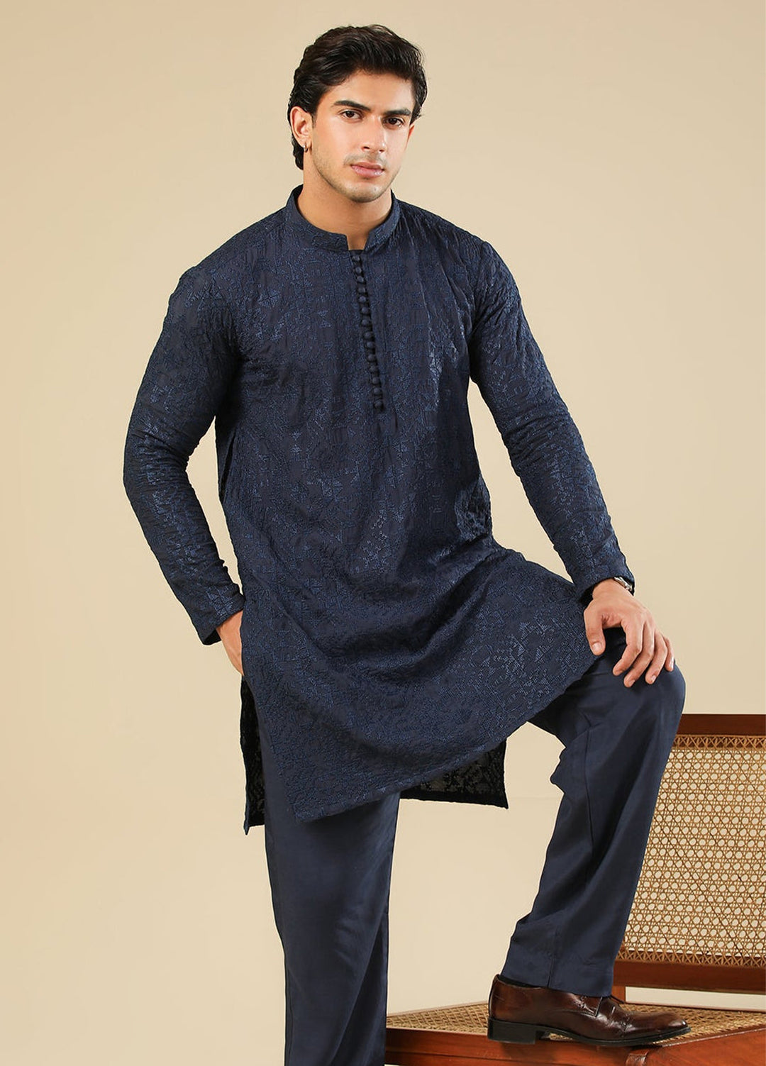 Muraqsh Ready To Wear Embroidered Silk Men Feroz Dark Blue Kurta Trouser MUR-F-DBR - Winter Collection