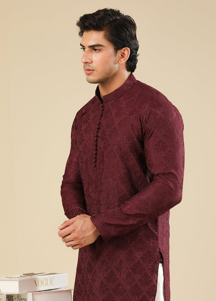 Muraqsh Ready To Wear Embroidered Silk Men Miras Maroon Kurta Trouser MURRS - Winter Collection