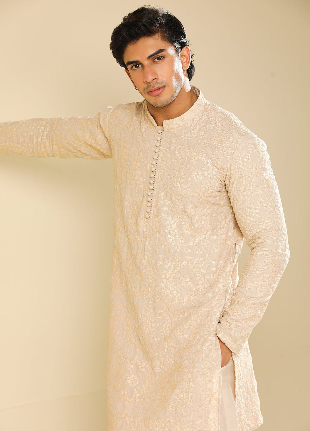 Muraqsh Ready To Wear Embroidered Silk Men Tabir Beige Kurta Trouser MUR-T-BRS - Winter Collection