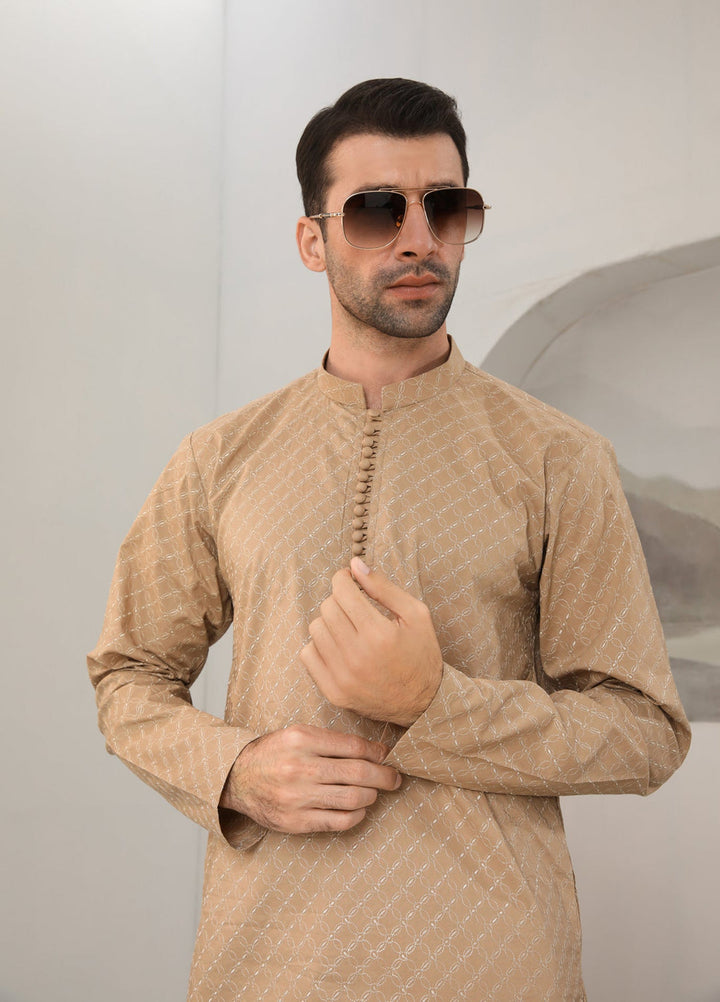Muraqsh Ready To Wear   Men Camel Cotton Embroidered Kurta Trouser MUR-CECKT - Summer Collection