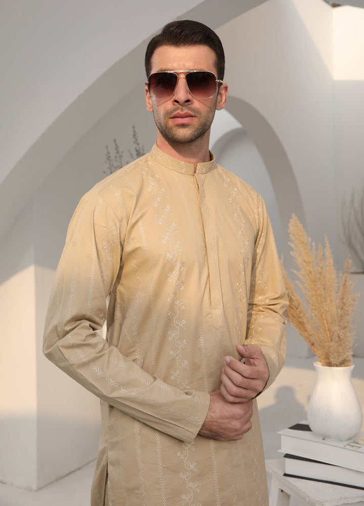 Muraqsh Ready To Wear   Men Ivory Skin Cotton Embroidered Kurta Trouser MUR-ISECK - Summer Collection