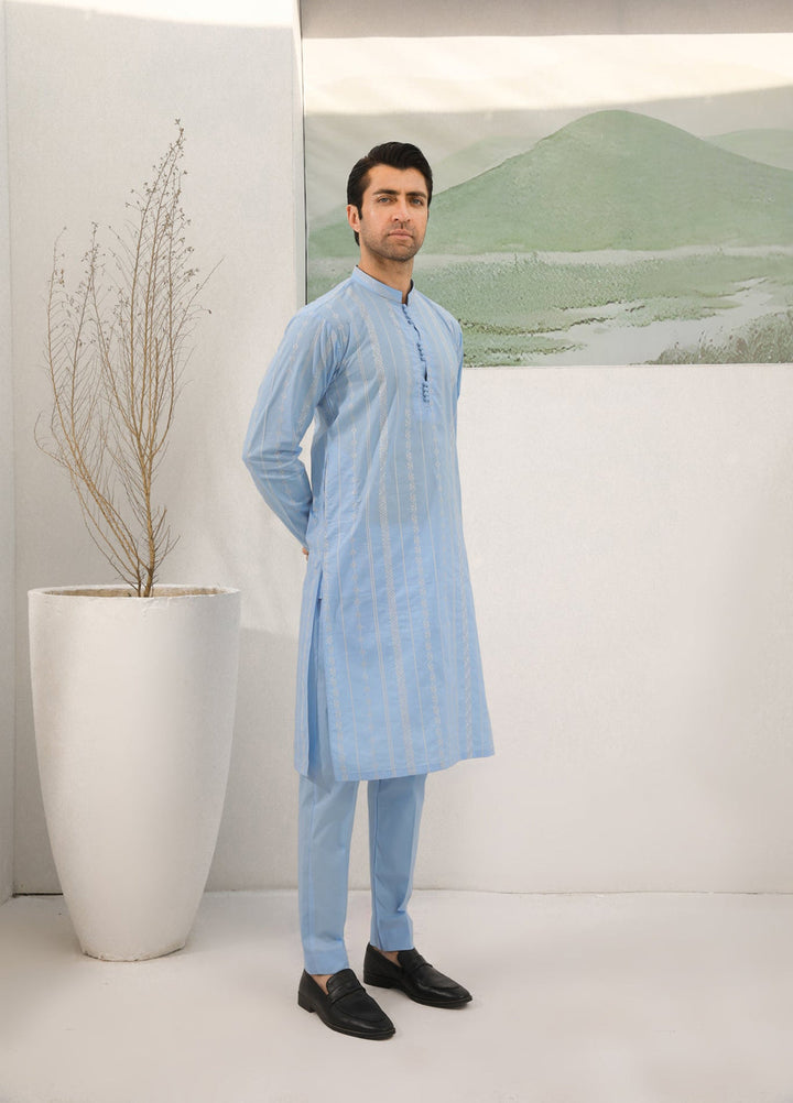 Muraqsh Ready To Wear   Men Sky Blue Cotton Embroidered Kurta Trouser MURBECK - Summer Collection