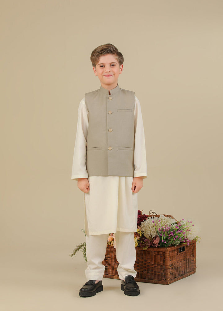 Muraqsh Ready To Wear Solids Bosky Boys Bosky White Kurta Trouser with Beige Suiting Waistcoat Straight Cut MUR-BWKTW - Summer Collection
