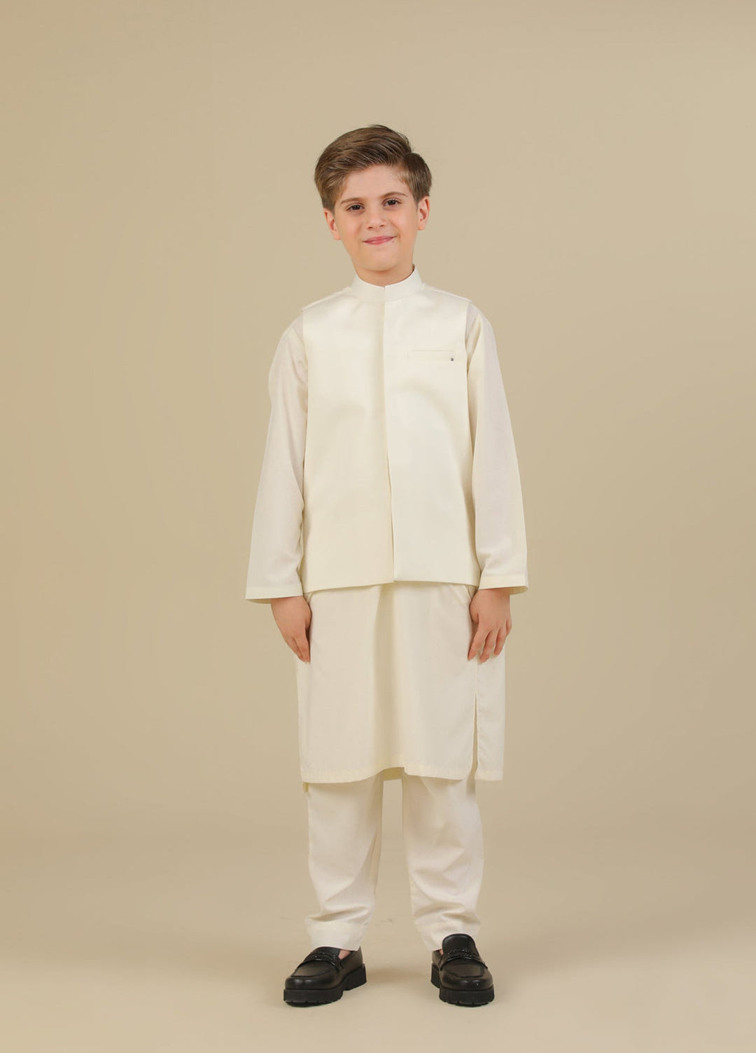 Muraqsh Ready To Wear Solids Bosky Boys Bosky White Kurta Trouser with Blended Waistcoat MUR-CWKTW - Summer Collection