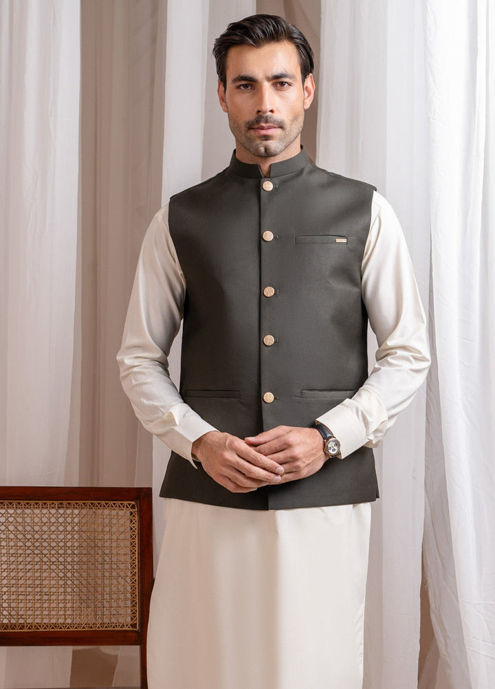 Muraqsh Ready To Wear Solids Bosky Men Bosky White Kurta Shalwar with Army Green Suiting Waistcoat Straight Cut MUR-BWKSW-KT - Summer Collection