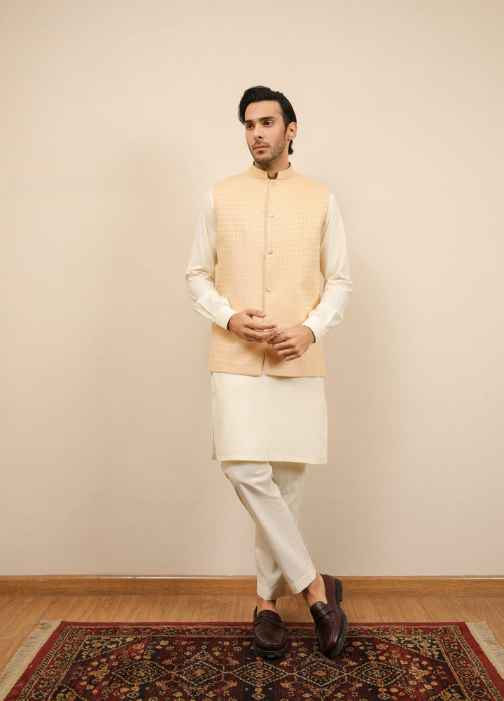 Muraqsh Ready To Wear Solids Bosky Men Bosky White Kurta Trouser with Skin Jamawar Waistcoat MUR-BWKTW - Summer Collection