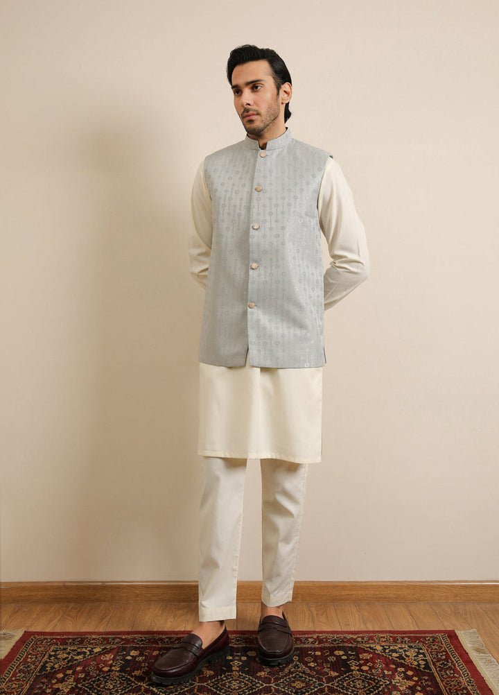 Muraqsh Ready To Wear Solids Bosky Men Bosky White Kurta Trouser with Sky Blue Jamawar Waistcoat MUR-BWKTW - Summer Collection