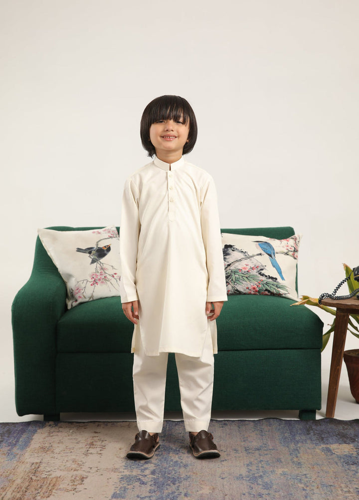 Muraqsh Ready To Wear Solids  Boys Bosky White Blended Kurta Trouser MUR-BWKT - Summer Collection
