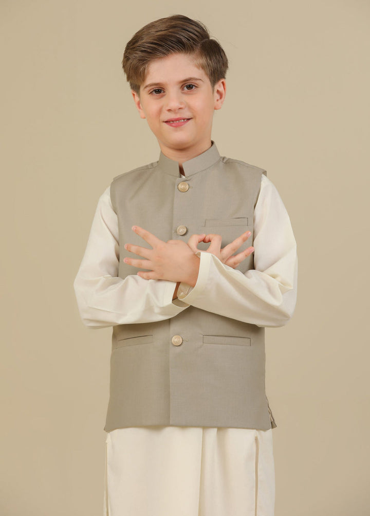 Muraqsh Ready To Wear Solids Cotton Boys Beige Suiting Waistcoat Straight Cut Buttoned MUR-BSW - Summer Collection