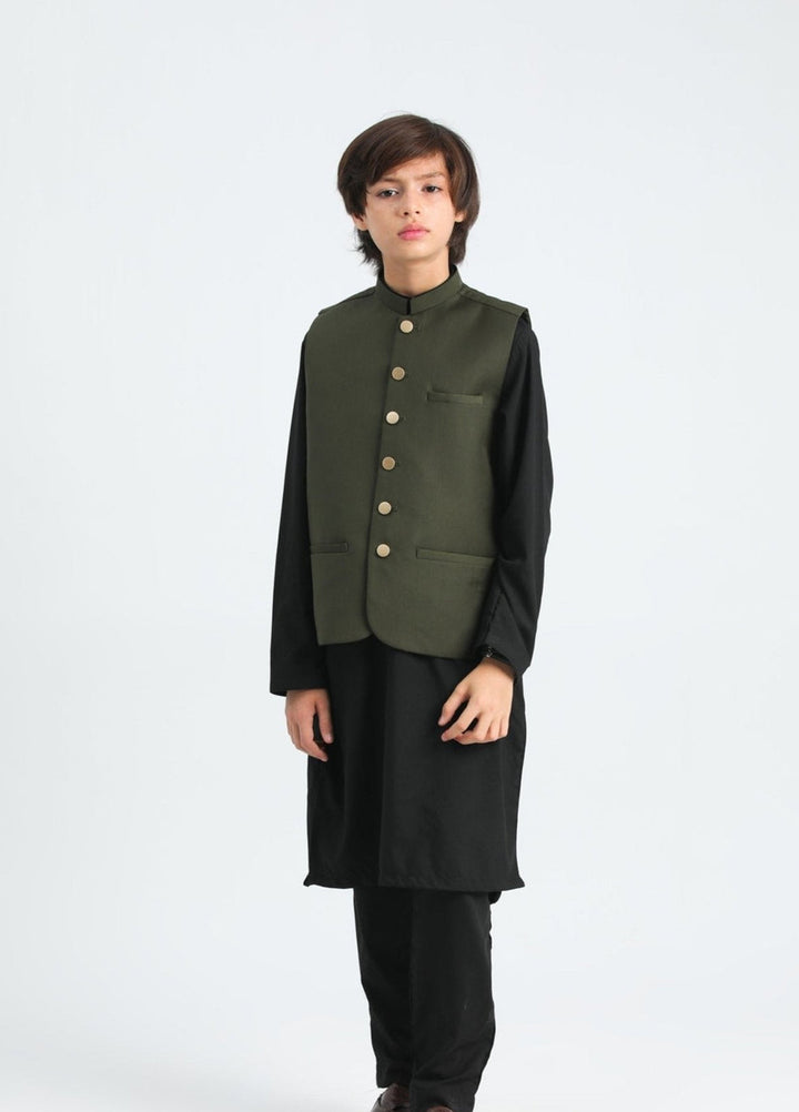 Muraqsh Ready To Wear Solids Cotton Boys Black Kurta Trouser with Army Green Suiting Waistcoat MUR-3P - Summer Collection