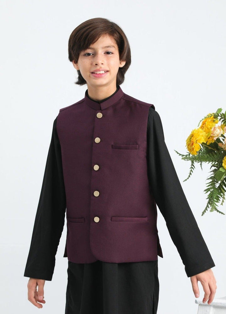 Muraqsh Ready To Wear Solids Cotton Boys Black Kurta Trouser with Burgundy Suiting Waistcoat MURP - Summer Collection