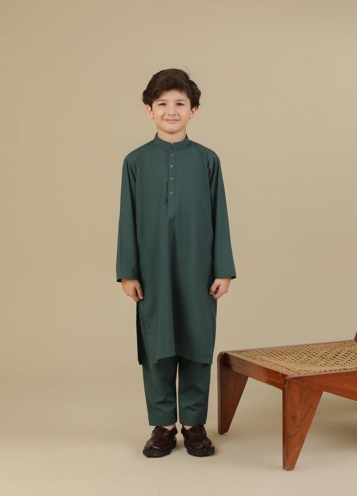 Muraqsh Ready To Wear Solids Cotton Boys Bottle Green Blended Kurta Trouser MUR-BGBKT - Summer Collection