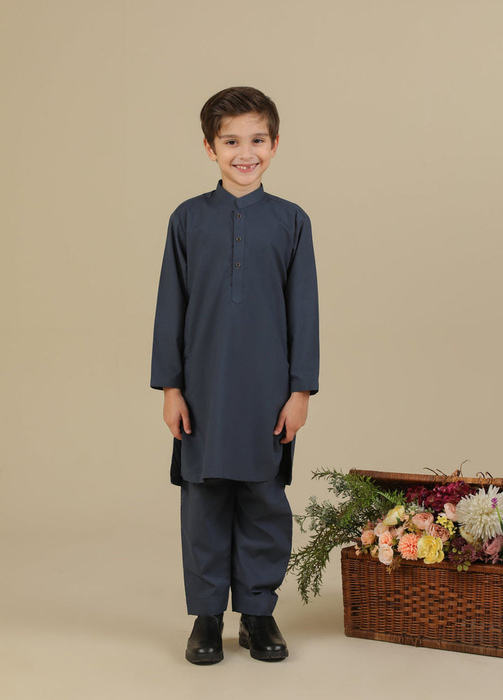 Muraqsh Ready To Wear Solids Cotton Boys Charcoal Grey Blended Kurta Trouser MUR-CGKT - Summer Collection