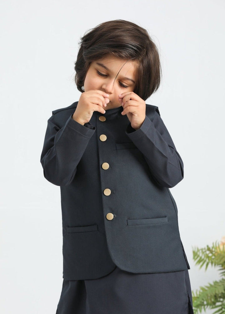 Muraqsh Ready To Wear Solids Cotton Boys Charcoal Grey Kurta Trouser with Suiting Waistcoat MUR-ACG3- - Summer Collection
