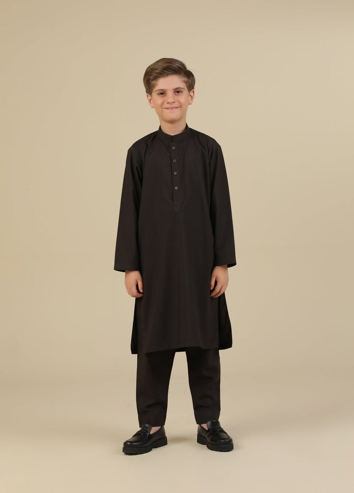 Muraqsh Ready To Wear Solids Cotton Boys Dark Brown Blended Kurta Trouser MUR-DBKT- - Summer Collection