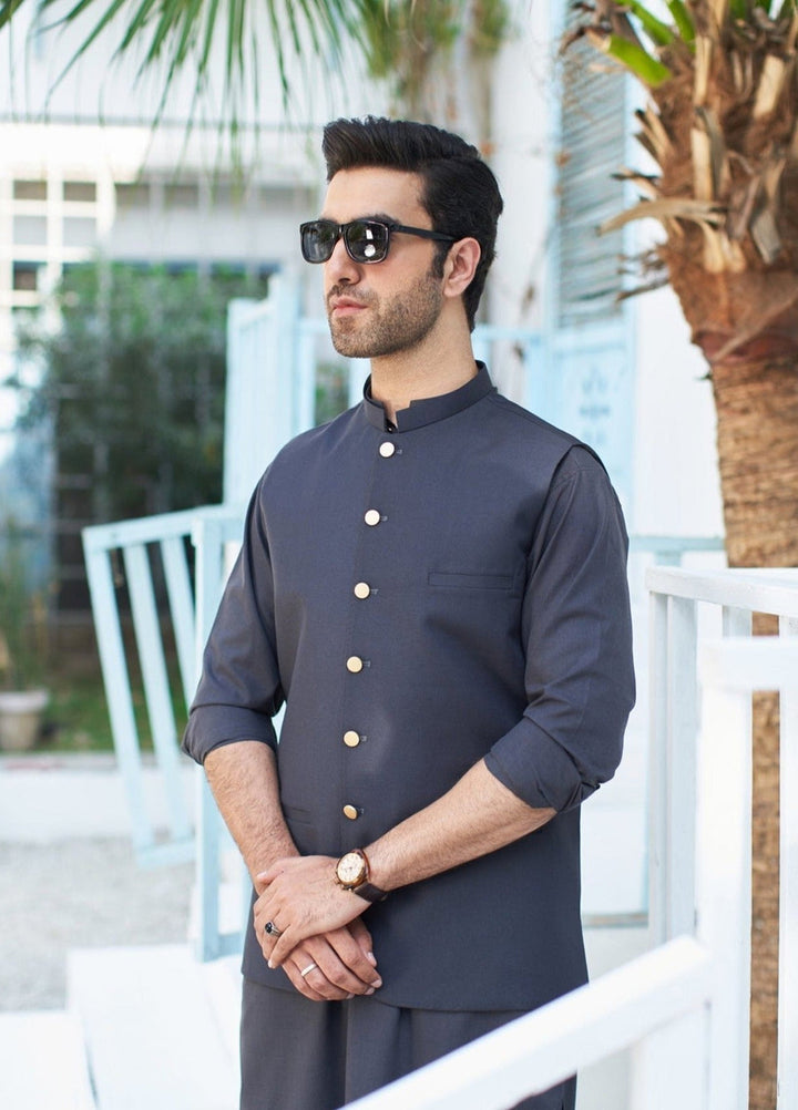 Muraqsh Ready To Wear Solids Cotton Boys Dark Brown Kurta Trouser with Suiting Waistcoat MUR-ADB - Summer Collection