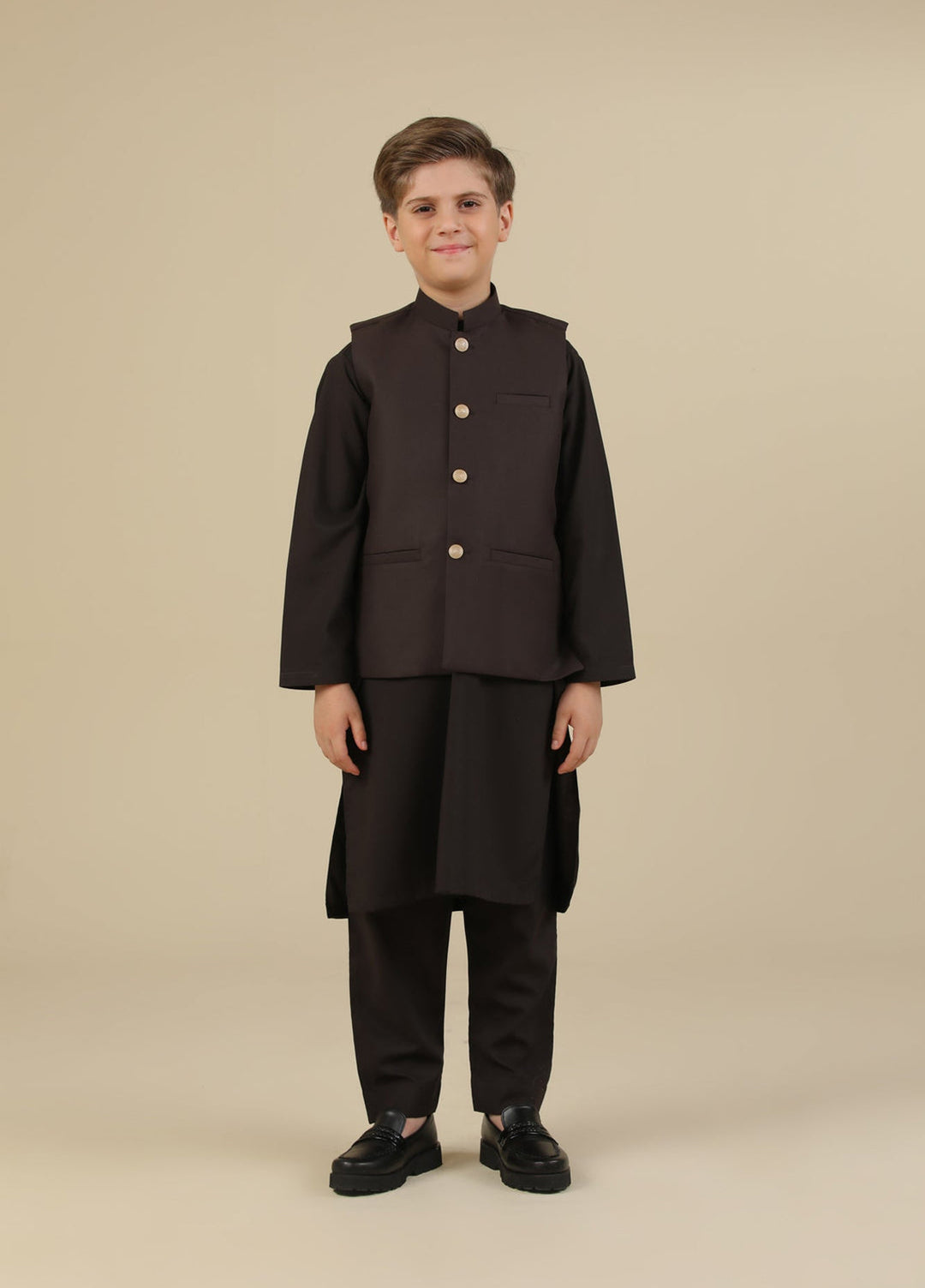 Muraqsh Ready To Wear Solids Cotton Boys Dark Brown Kurta Trouser with Suiting Waistcoat Straight Cut MUR-DBKTW - Summer Collection