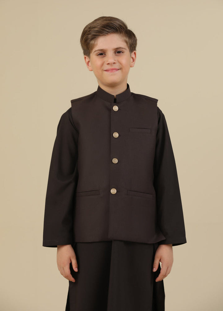 Muraqsh Ready To Wear Solids Cotton Boys Dark Brown Suiting Waistcoat Straight Cut Buttoned MUR-DBSW - Summer Collection