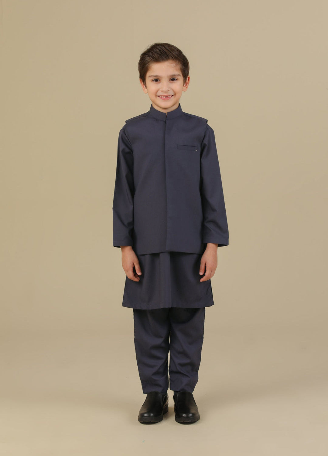 Muraqsh Ready To Wear Solids Cotton Boys Deep Burgundy Kurta Trouser with Blended Waistcoat MUR-PKTWB - Summer Collection