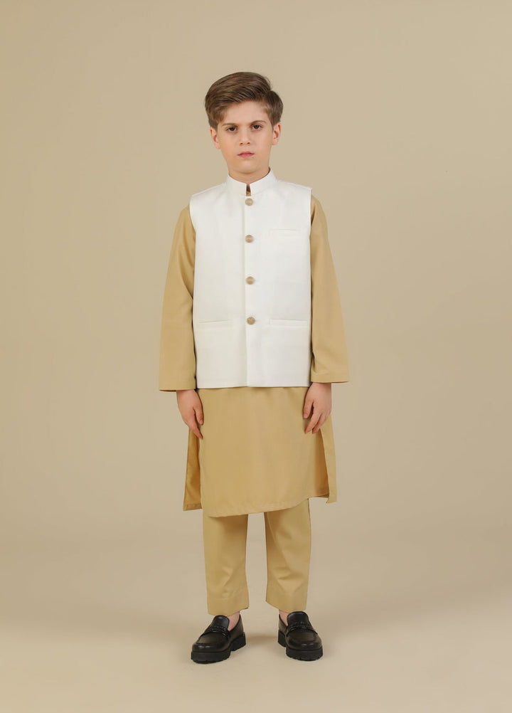Muraqsh Ready To Wear Solids Cotton Boys Ivory Kurta Trouser with Off White Suiting Waistcoat Straight Cut MURBKTW - Summer Collection