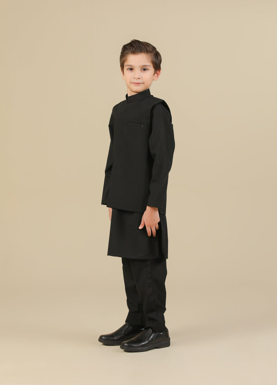 Muraqsh Ready To Wear Solids Cotton Boys Midnight Black Kurta Trouser with Blended Waistcoat MURBKTW - Summer Collection