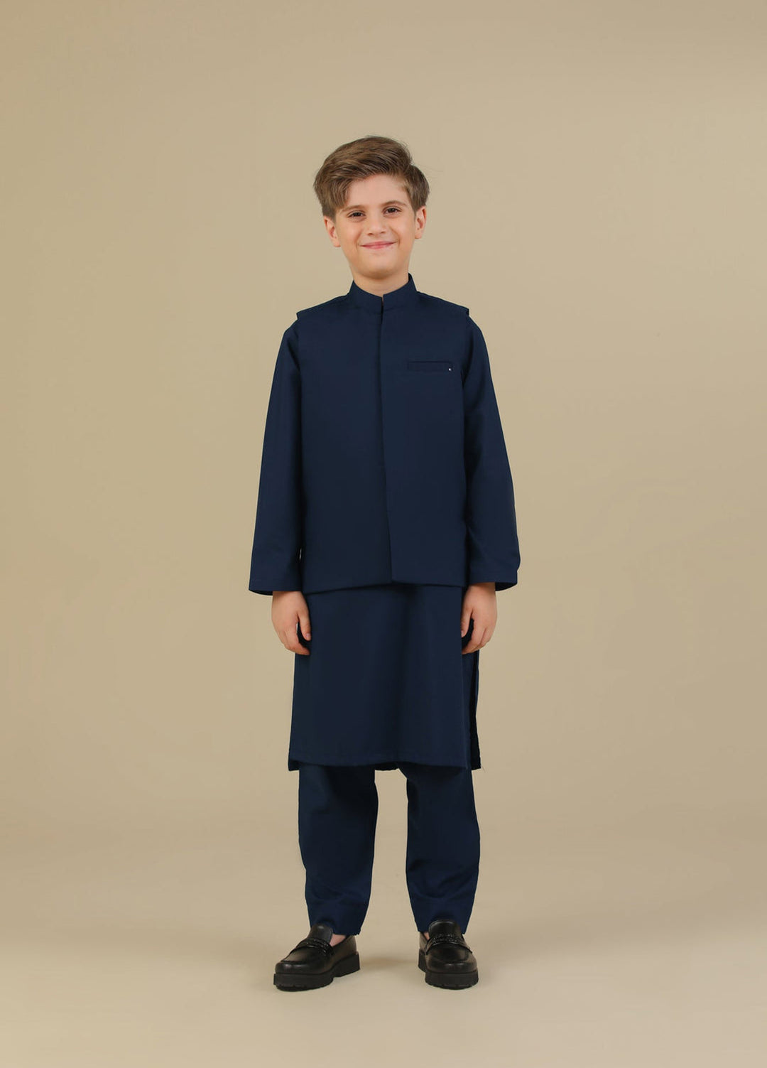 Muraqsh Ready To Wear Solids Cotton Boys Navy Blue Kurta Trouser with Blended Waistcoat MUR-NBKTW - Summer Collection