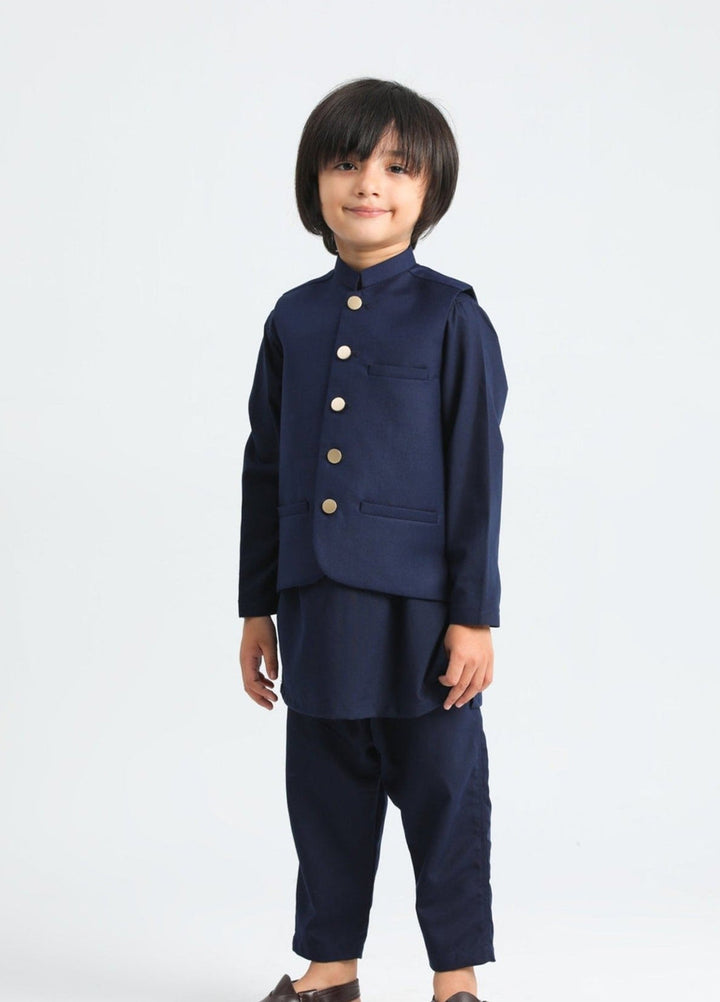 Muraqsh Ready To Wear Solids Cotton Boys Navy Blue Kurta Trouser with Suiting Waistcoat MUR-ANB - Summer Collection