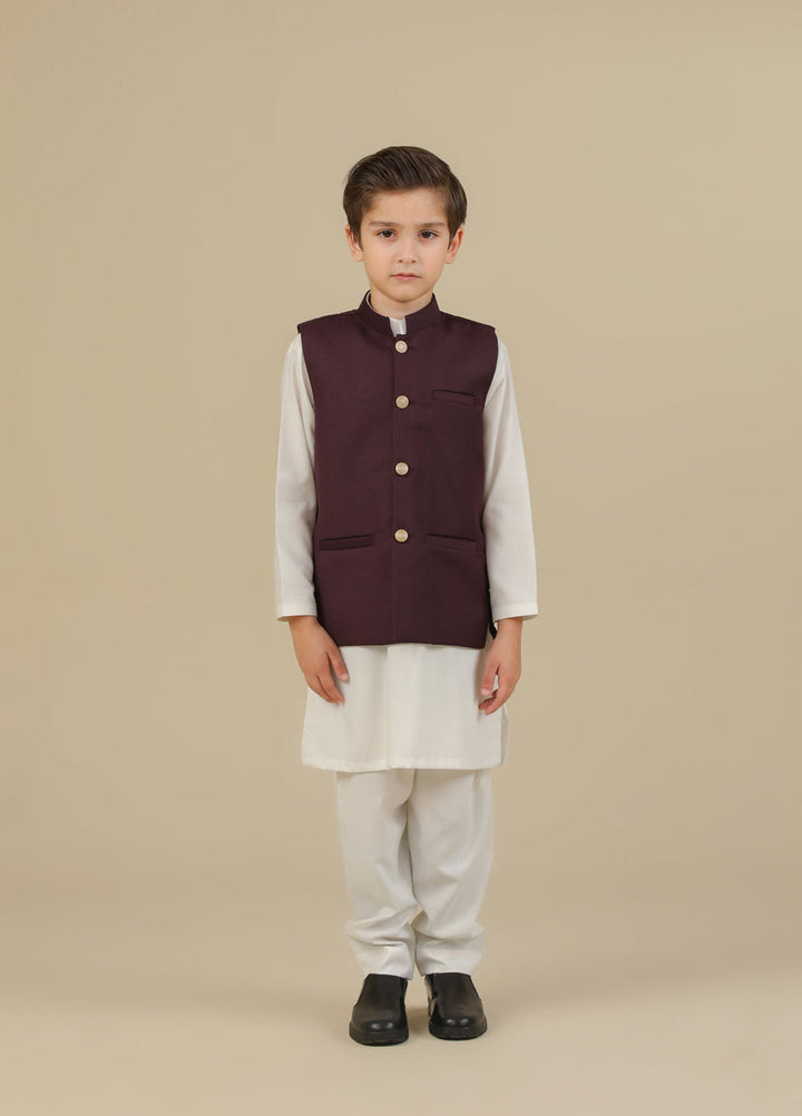 Muraqsh Ready To Wear Solids Cotton Boys Off White Kurta Trouser with Burgundy Suiting Waistcoat Straight Cut MUR-OWKTW - Summer Collection