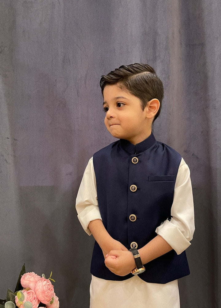 Muraqsh Ready To Wear Solids Cotton Boys Off White Kurta Trouser with Navy Blue Suiting Waistcoat MURP - Summer Collection