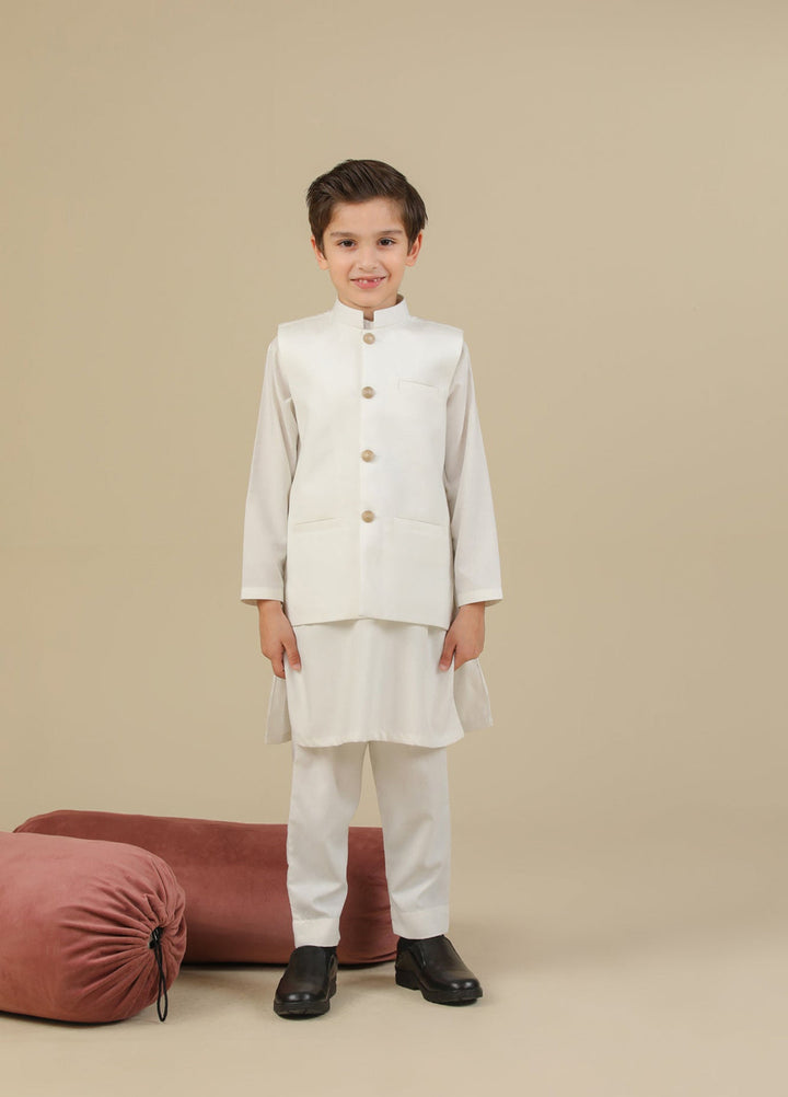 Muraqsh Ready To Wear Solids Cotton Boys Off White Kurta Trouser with Suiting Waistcoat Straight Cut MUR-OWKTW - Summer Collection